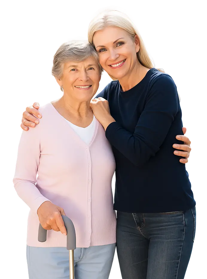 woman and loved one embrace after discussion of best senior care facility options