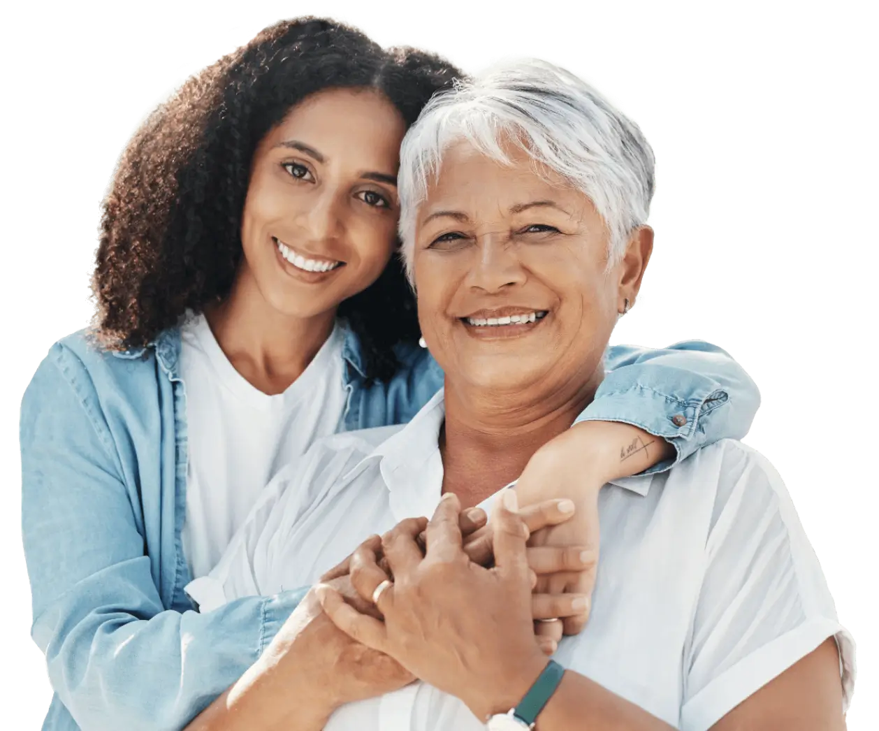 Adult daughter embracing her elderly mother, representing compassionate senior care consulting and placement services.