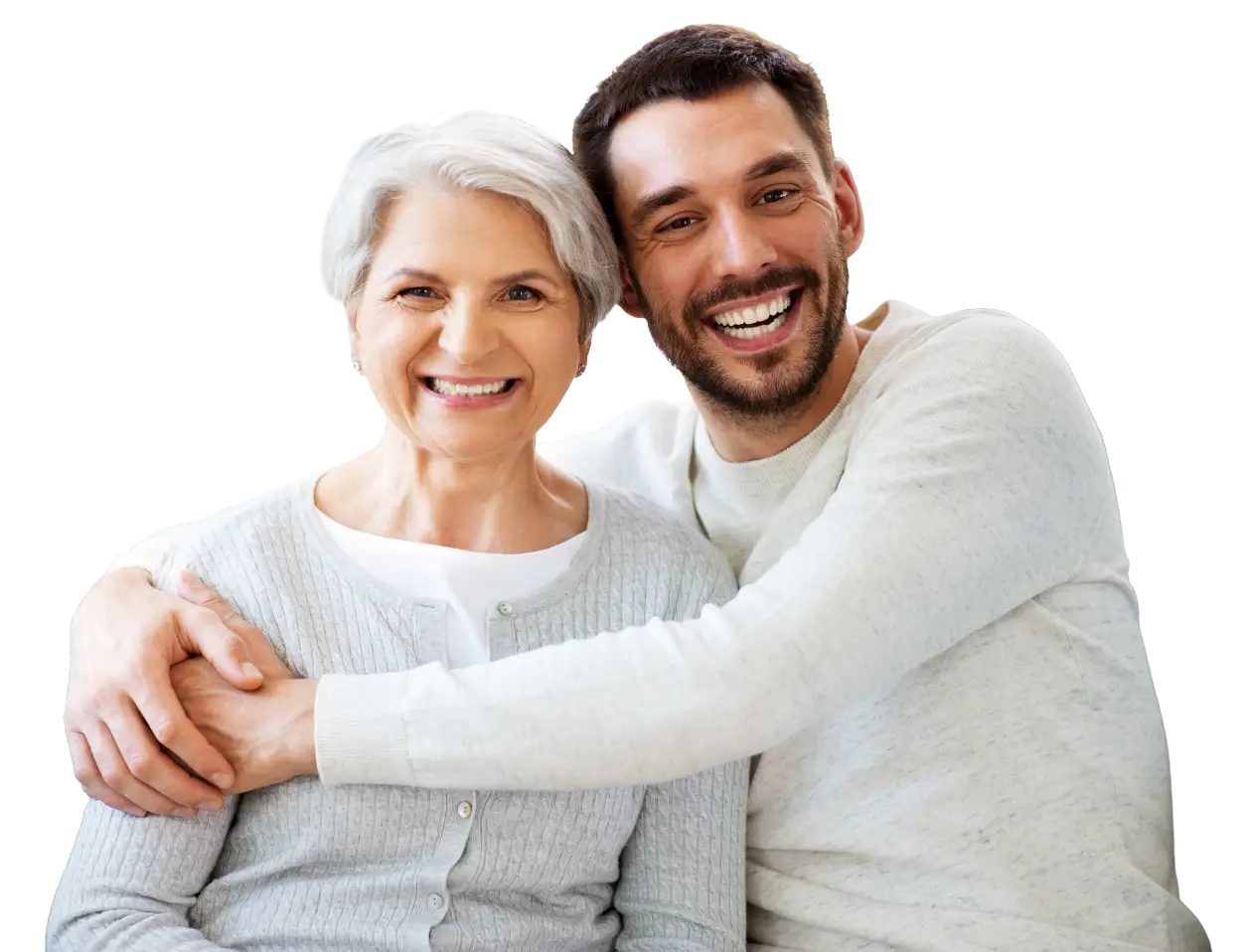 Son with aging mother smiling, representing compassionate and personalized senior support