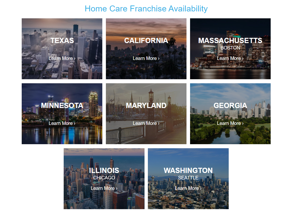 Screenshot of Comfort Keepers territories available for future franchisees.