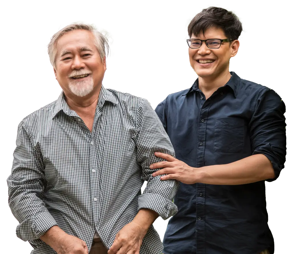 A father and son smiling happily together against a transparent background.
